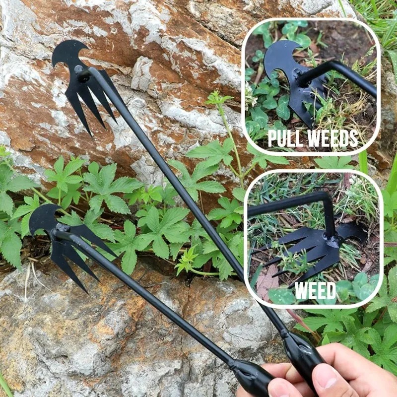 Gardening Tools For Weeds - 2in1ガーデンレーキ手動種子草根除去ツールプーラーシャベル4歯除草手動園芸用土壌ほぐしツール除草機