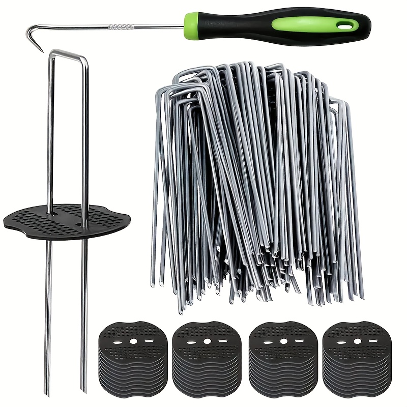 Gardening Tools For Weeds - 101個のガーデンステークセット - U字型亜鉛メッキランドスケープステープル、プラスチック固定ワッシャーと雑草用取り付けフックツール付き