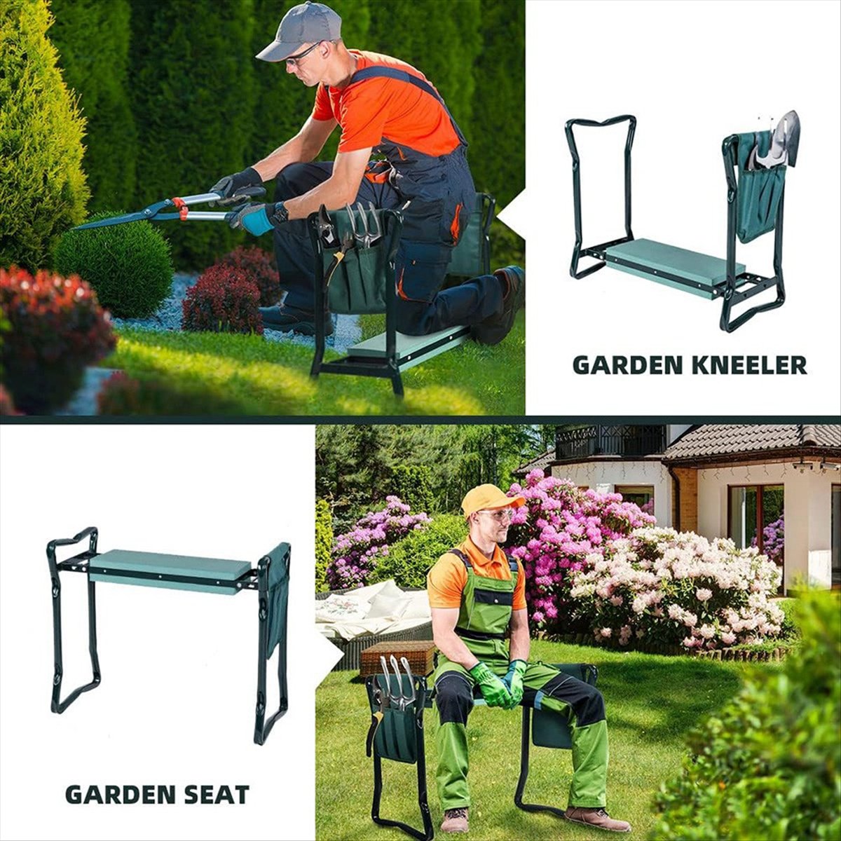 Gardening Tools For Seniors - B23BBG 2 in 1 ガーデンニーラー＆シート、折りたたみ式ガーデンシート（EVAフォーム製膝当てパッド付き）、取り外し可能なツールポーチ、女性、男性、高齢者向け