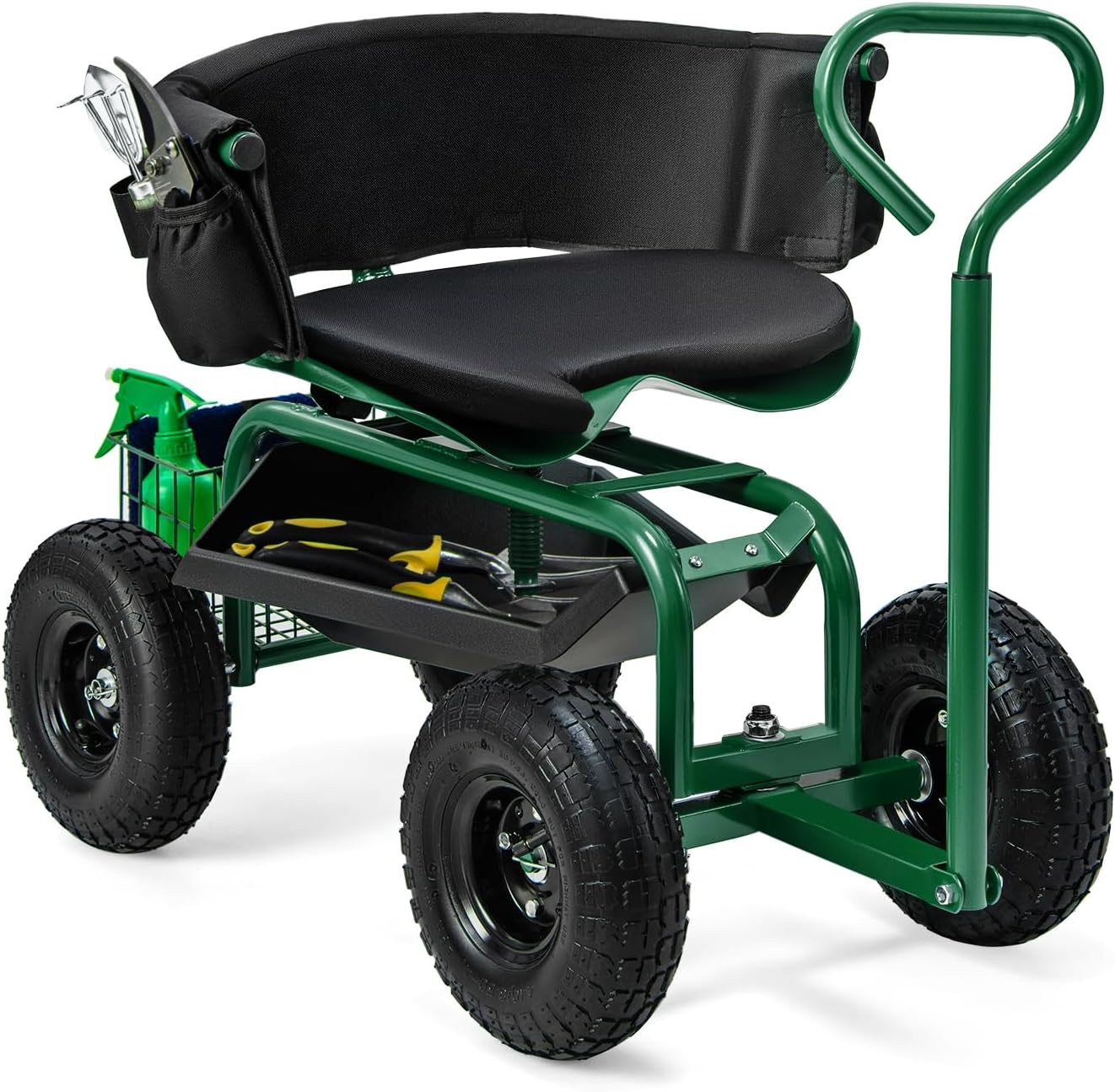 Gardening Tools For Seniors - 車輪付きローリングガーデニングシート、360度調整可能 ° 回転式ツールトレイ＆収納バスケット、伸縮ハンドル、高齢者向け